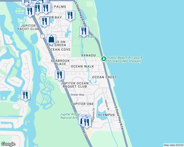 map of restaurants, bars, coffee shops, grocery stores, and more near 105 Mako Lane in Jupiter