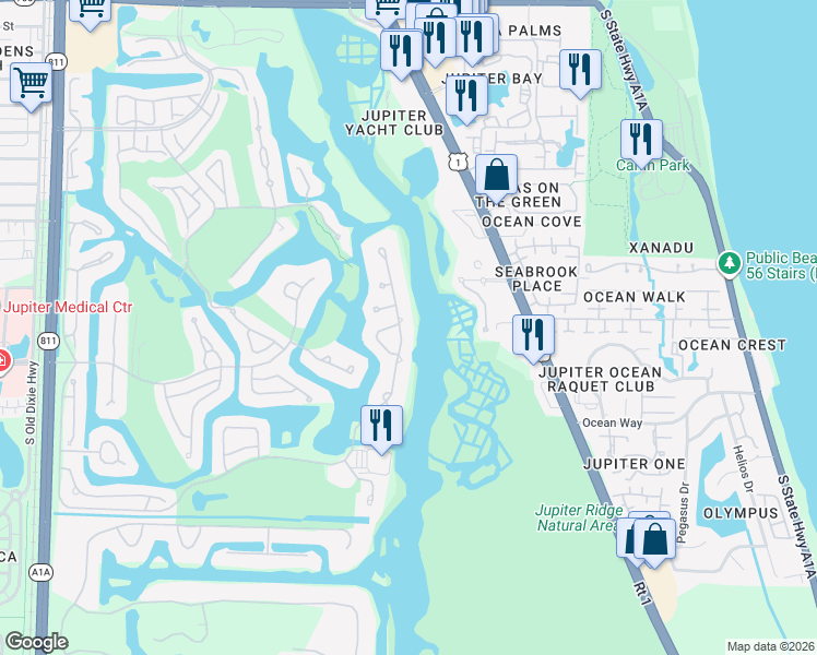 map of restaurants, bars, coffee shops, grocery stores, and more near 16718 Port Royal Circle in Jupiter
