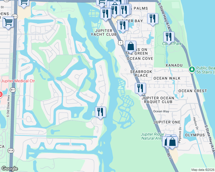 map of restaurants, bars, coffee shops, grocery stores, and more near 16718 Port Royal Circle in Jupiter
