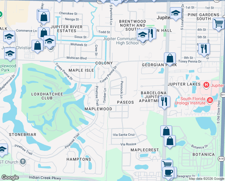 map of restaurants, bars, coffee shops, grocery stores, and more near 116 Timber Lane in Jupiter