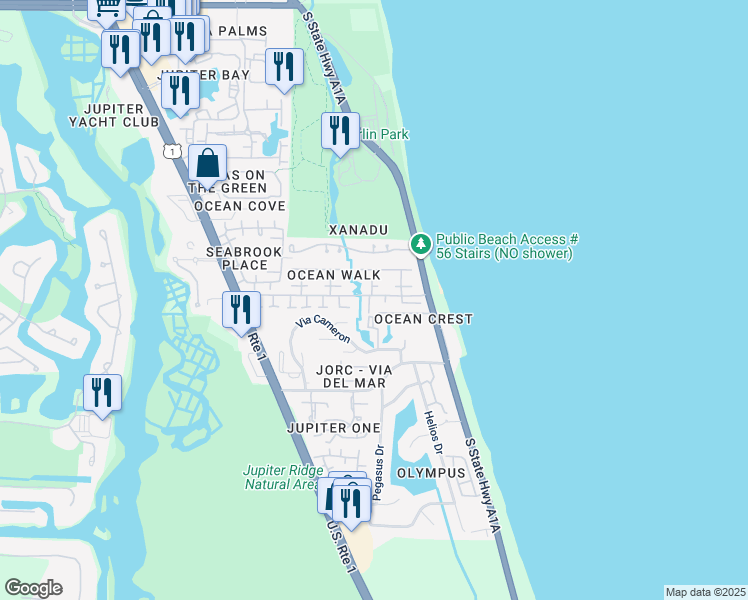 map of restaurants, bars, coffee shops, grocery stores, and more near 114 Tim Mara Drive in Jupiter