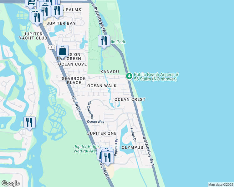 map of restaurants, bars, coffee shops, grocery stores, and more near 114 Tim Mara Drive in Jupiter