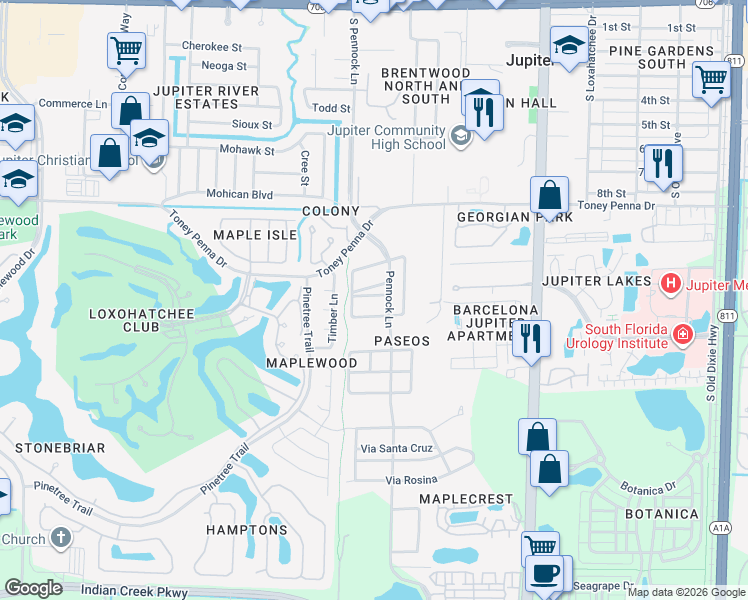 map of restaurants, bars, coffee shops, grocery stores, and more near 112 Via Catalunha in Jupiter