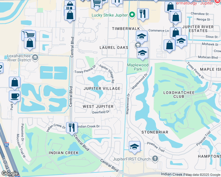map of restaurants, bars, coffee shops, grocery stores, and more near 105 Cedar Court in Jupiter