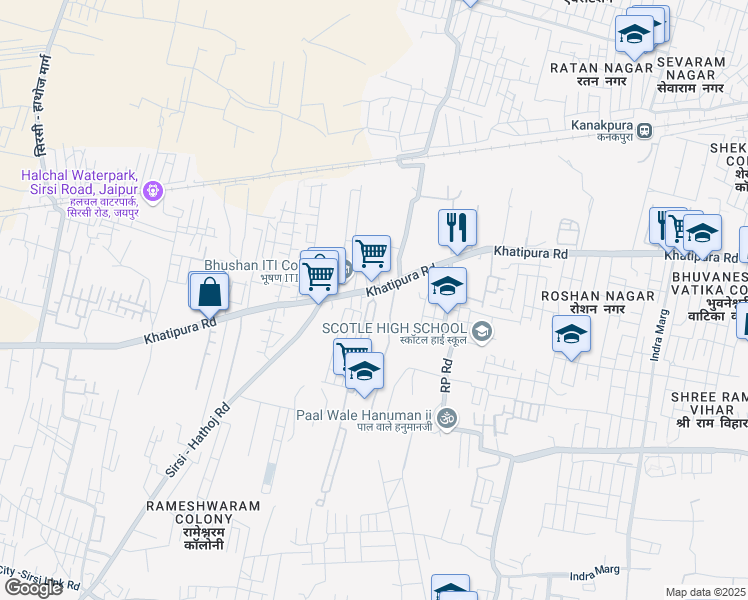 map of restaurants, bars, coffee shops, grocery stores, and more near Sirsi Road in Jaipur
