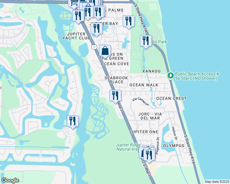 map of restaurants, bars, coffee shops, grocery stores, and more near in Jupiter