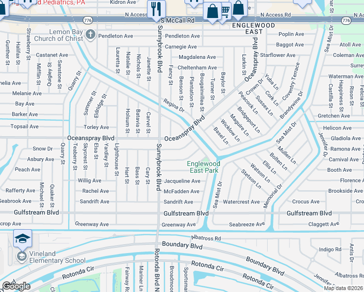 map of restaurants, bars, coffee shops, grocery stores, and more near 11060 Oceanspray Boulevard in Englewood