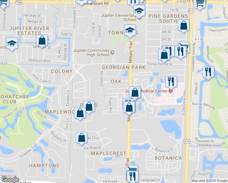 map of restaurants, bars, coffee shops, grocery stores, and more near 804 Summerwinds Lane in Jupiter