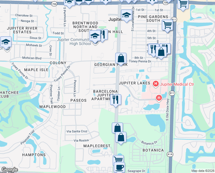 map of restaurants, bars, coffee shops, grocery stores, and more near 101 Summerwinds Lane in Jupiter