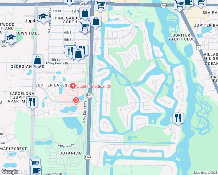map of restaurants, bars, coffee shops, grocery stores, and more near 16670 Traders Crossing North in Jupiter