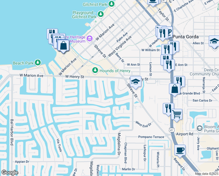 map of restaurants, bars, coffee shops, grocery stores, and more near 626 Andros Court in Punta Gorda