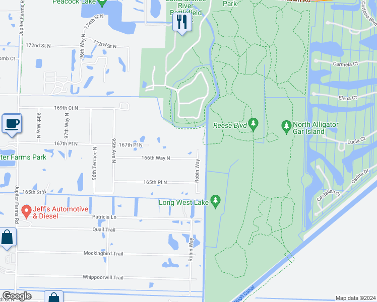 map of restaurants, bars, coffee shops, grocery stores, and more near 9111 166th Way North in Jupiter