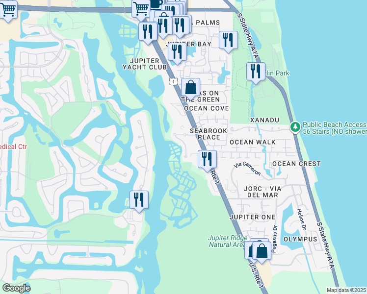 map of restaurants, bars, coffee shops, grocery stores, and more near 129 Mangrove Bay Way in Jupiter