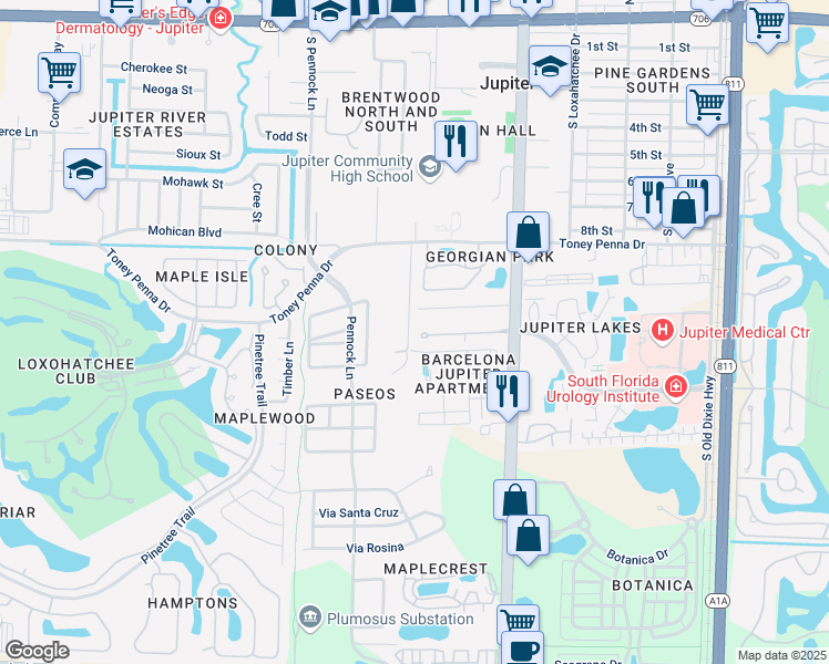 map of restaurants, bars, coffee shops, grocery stores, and more near 1301 Summerwinds Lane in Jupiter