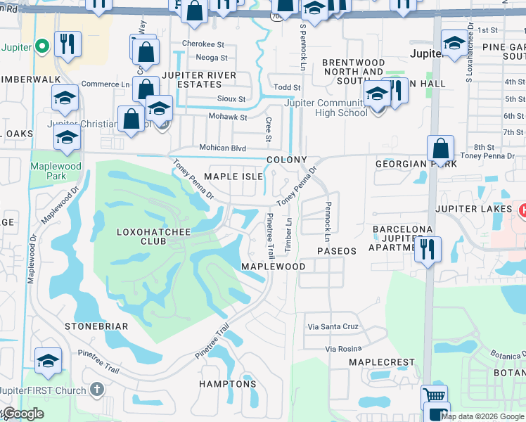 map of restaurants, bars, coffee shops, grocery stores, and more near 113 Caballo Lane in Jupiter