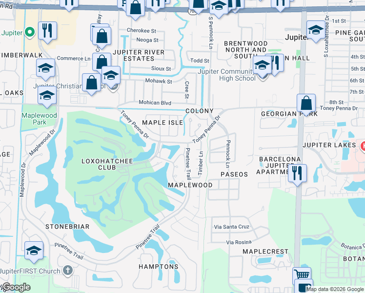 map of restaurants, bars, coffee shops, grocery stores, and more near 113 Caballo Lane in Jupiter