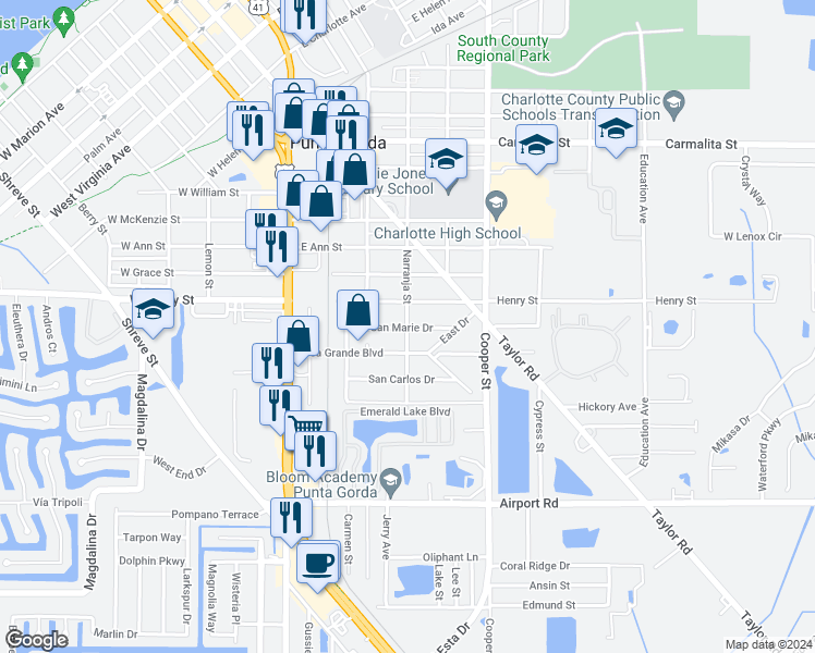 map of restaurants, bars, coffee shops, grocery stores, and more near 1699 Narranja Street in Punta Gorda