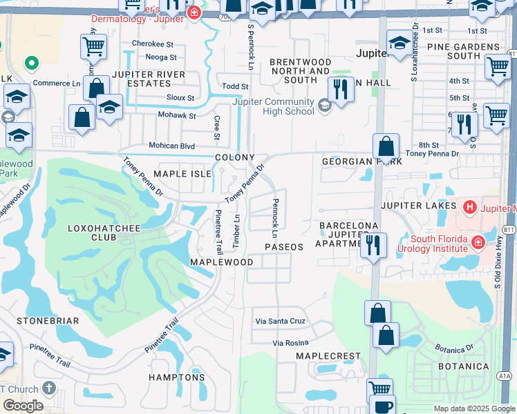 map of restaurants, bars, coffee shops, grocery stores, and more near 113 Via Azurra in Jupiter