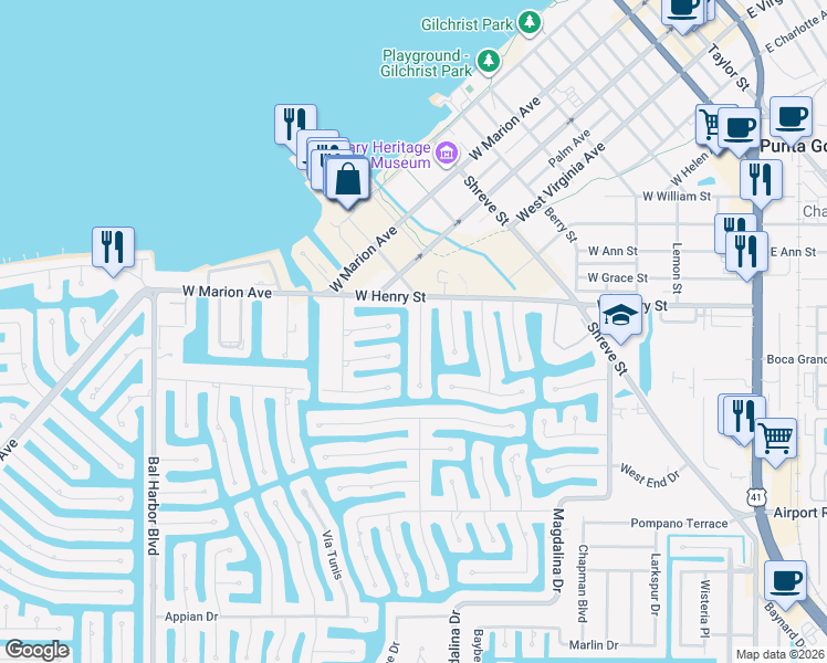 map of restaurants, bars, coffee shops, grocery stores, and more near 321 Caicos Drive in Punta Gorda