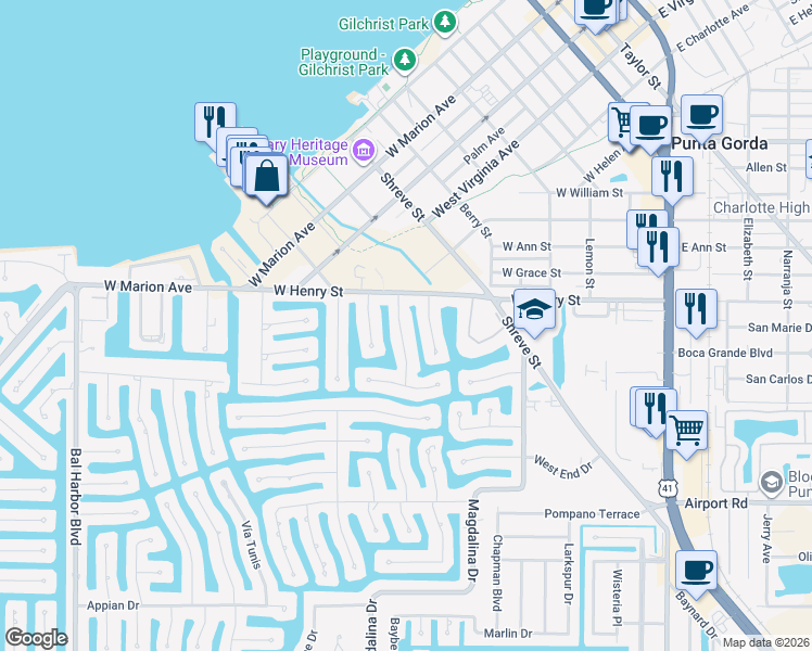 map of restaurants, bars, coffee shops, grocery stores, and more near 526 Eleuthera Drive in Punta Gorda