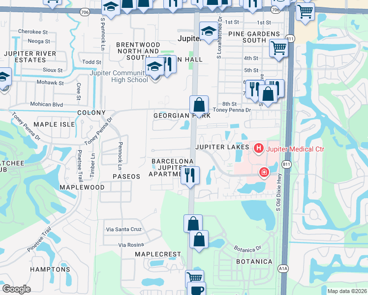 map of restaurants, bars, coffee shops, grocery stores, and more near 101 Summerwinds Lane in Jupiter