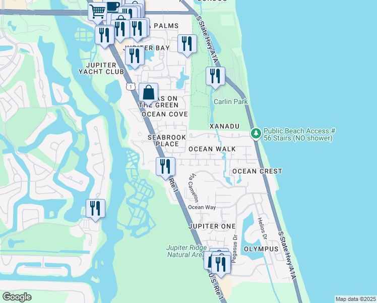 map of restaurants, bars, coffee shops, grocery stores, and more near 106 West Spearfish Lane in Jupiter