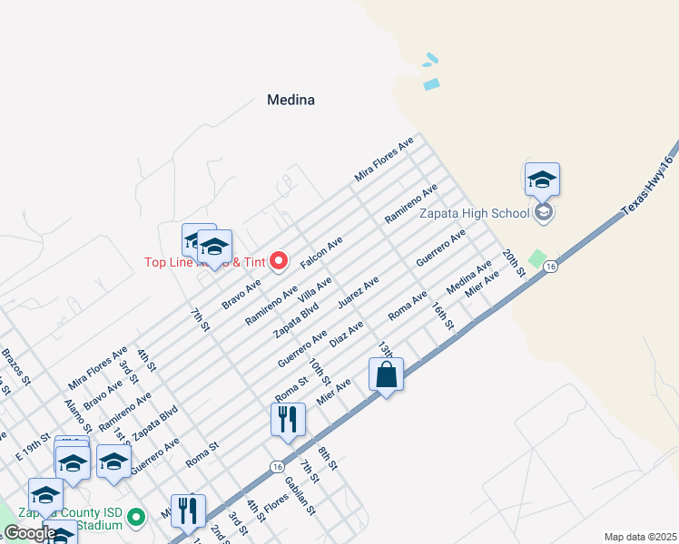 map of restaurants, bars, coffee shops, grocery stores, and more near Villa Avenue in Zapata