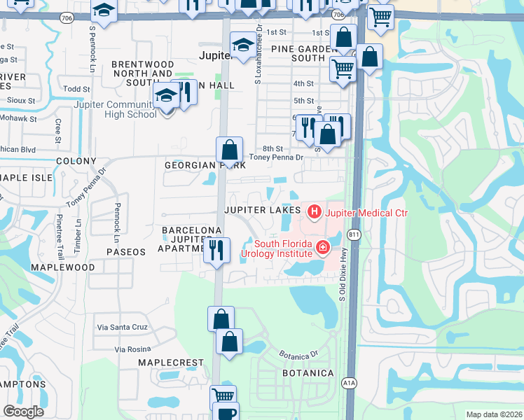 map of restaurants, bars, coffee shops, grocery stores, and more near  in Jupiter