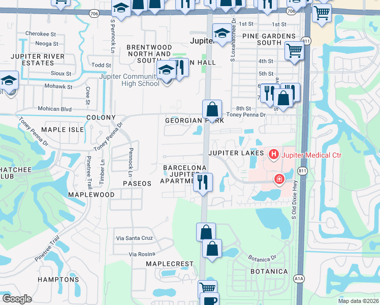 map of restaurants, bars, coffee shops, grocery stores, and more near 101 Summerwinds Lane in Jupiter