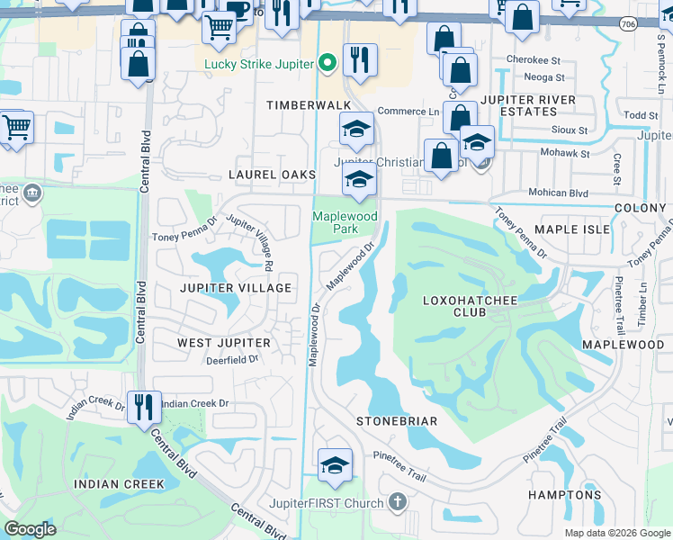 map of restaurants, bars, coffee shops, grocery stores, and more near 116 Spoonbill Court in Jupiter