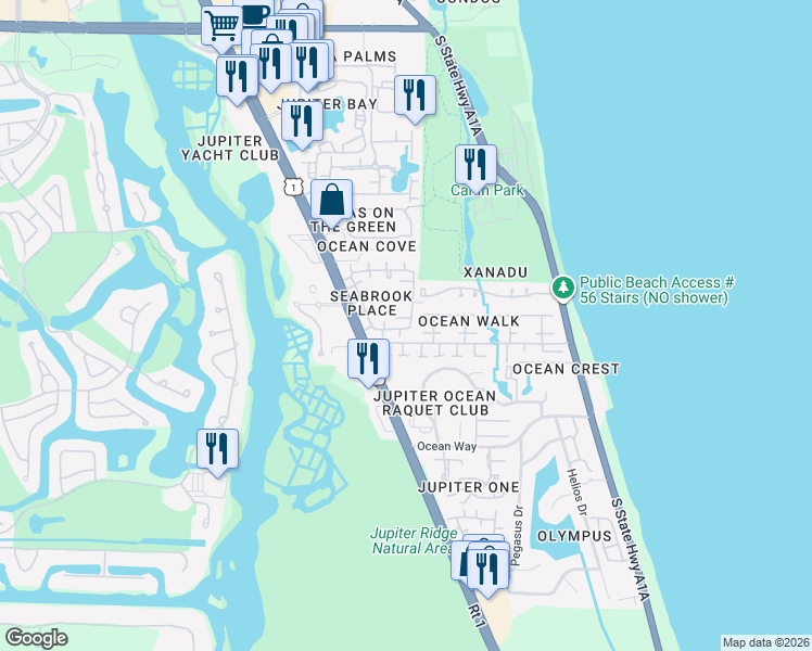map of restaurants, bars, coffee shops, grocery stores, and more near 223 Seabreeze Circle in Jupiter