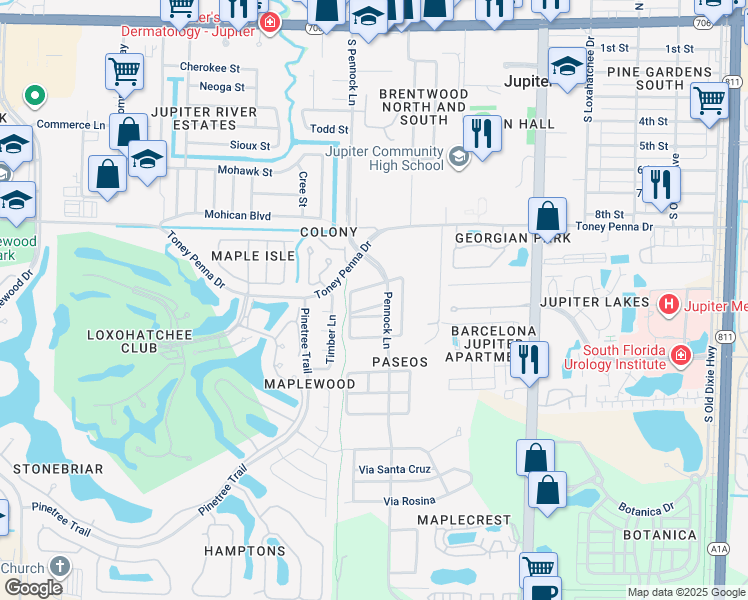 map of restaurants, bars, coffee shops, grocery stores, and more near 113 Via Azurra in Jupiter