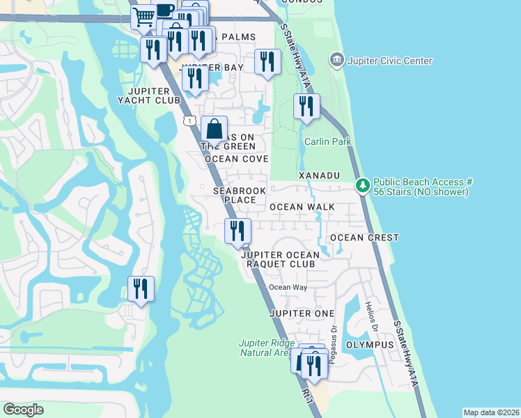 map of restaurants, bars, coffee shops, grocery stores, and more near 106 West Spearfish Lane in Jupiter