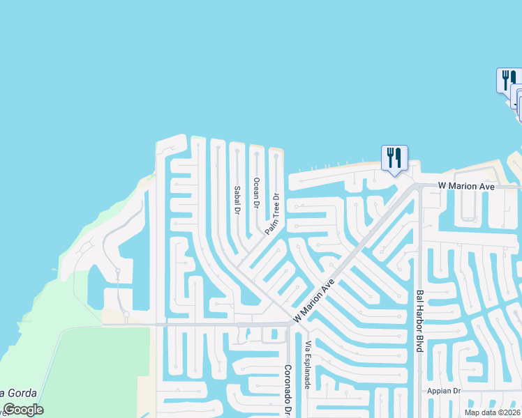 map of restaurants, bars, coffee shops, grocery stores, and more near 2272 Palm Tree Drive in Punta Gorda