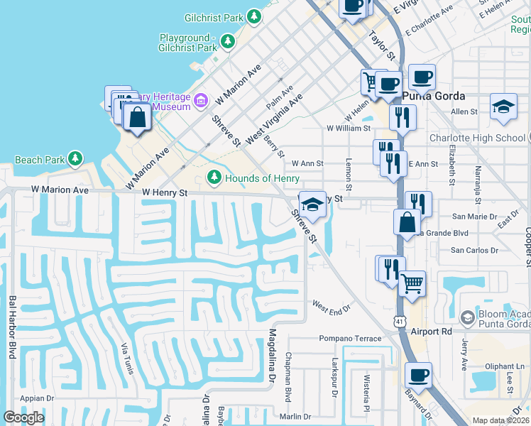 map of restaurants, bars, coffee shops, grocery stores, and more near 626 Andros Court in Punta Gorda