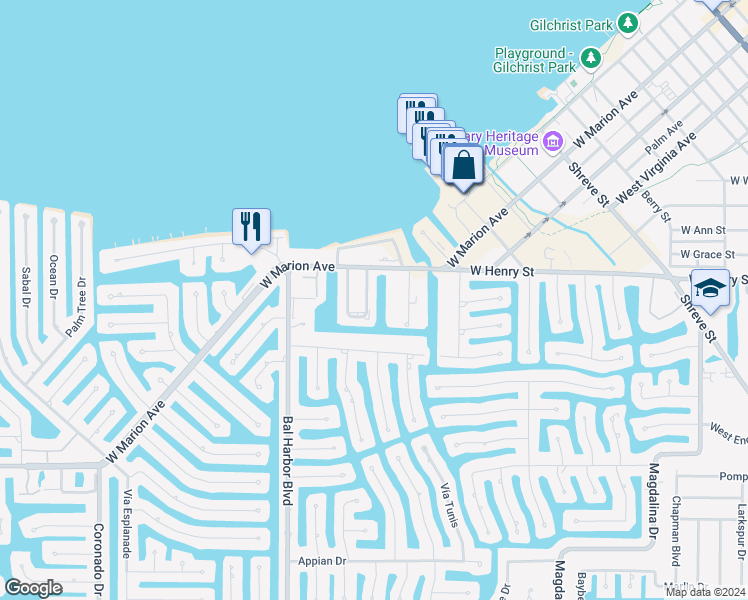map of restaurants, bars, coffee shops, grocery stores, and more near 233 Coldeway Drive in Punta Gorda