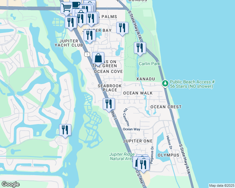 map of restaurants, bars, coffee shops, grocery stores, and more near 226 Seabreeze Circle in Jupiter