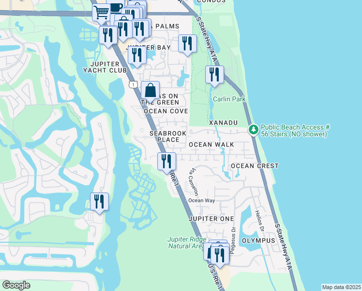 map of restaurants, bars, coffee shops, grocery stores, and more near 106 West Spearfish Lane in Jupiter