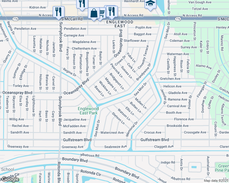 map of restaurants, bars, coffee shops, grocery stores, and more near 7281 Maguire Lane in Englewood