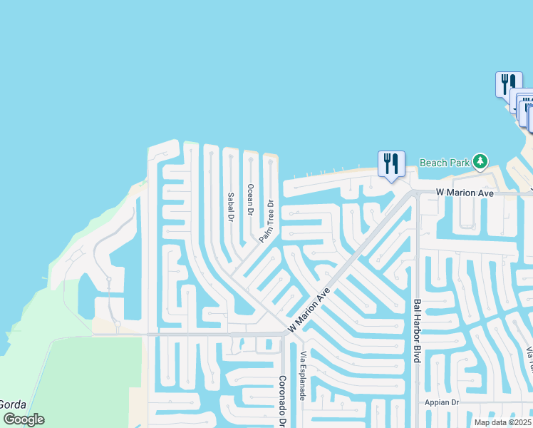map of restaurants, bars, coffee shops, grocery stores, and more near 2272 Palm Tree Drive in Punta Gorda