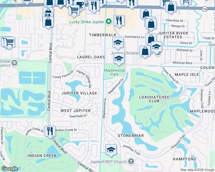 map of restaurants, bars, coffee shops, grocery stores, and more near 116 Spoonbill Court in Jupiter