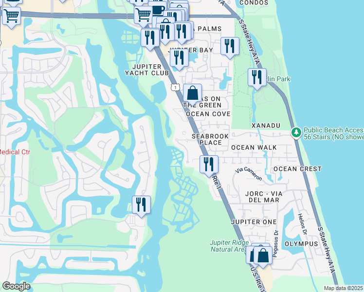 map of restaurants, bars, coffee shops, grocery stores, and more near 129 Mangrove Bay Way in Jupiter