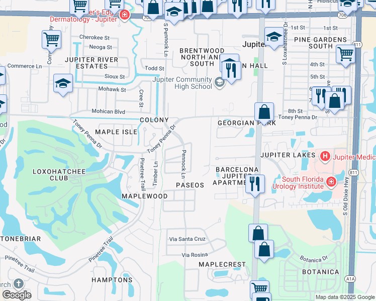 map of restaurants, bars, coffee shops, grocery stores, and more near 149 Via Catalunha in Jupiter