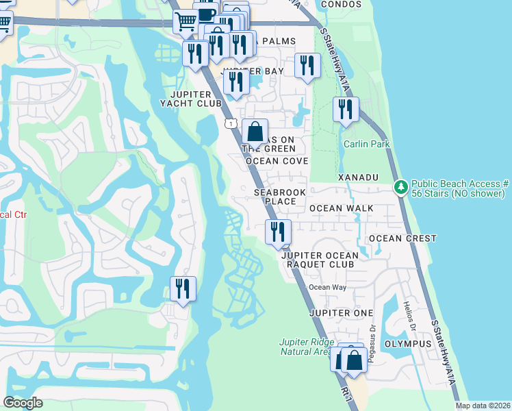map of restaurants, bars, coffee shops, grocery stores, and more near 1044 U.S. 1 in Jupiter