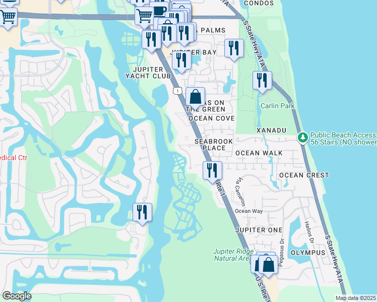 map of restaurants, bars, coffee shops, grocery stores, and more near 132 Mangrove Bay Way in Jupiter