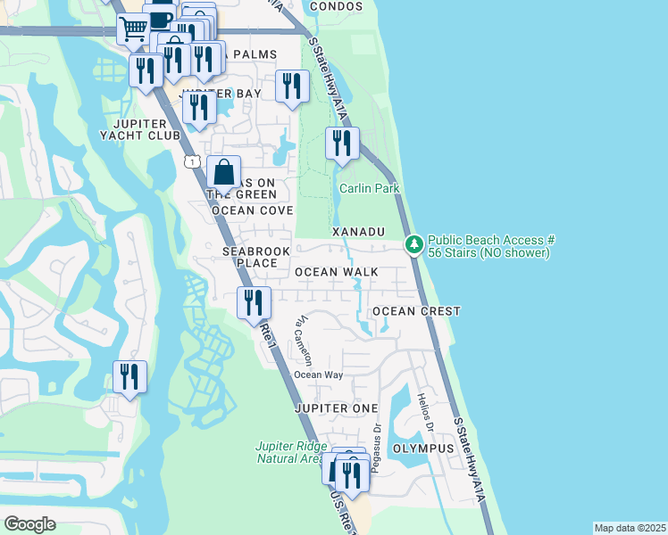 map of restaurants, bars, coffee shops, grocery stores, and more near Sandpiper Circle in Jupiter