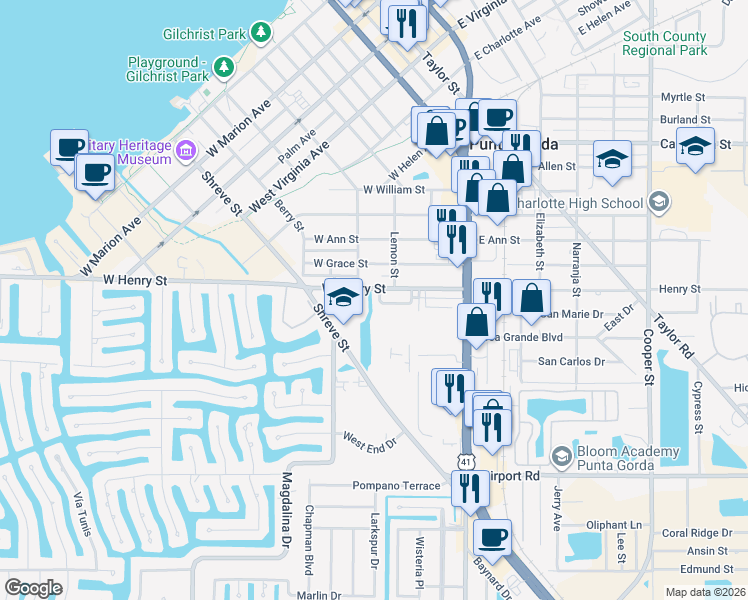 map of restaurants, bars, coffee shops, grocery stores, and more near 320 W Henry St in Punta Gorda