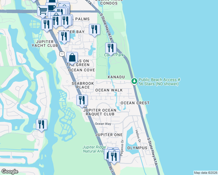 map of restaurants, bars, coffee shops, grocery stores, and more near 115 Sandpiper Circle in Jupiter
