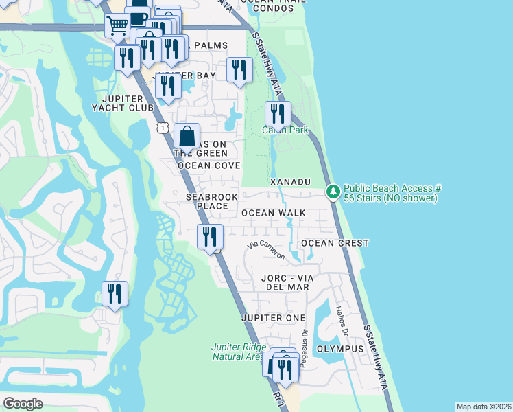 map of restaurants, bars, coffee shops, grocery stores, and more near 125 Sandpiper Circle in Jupiter