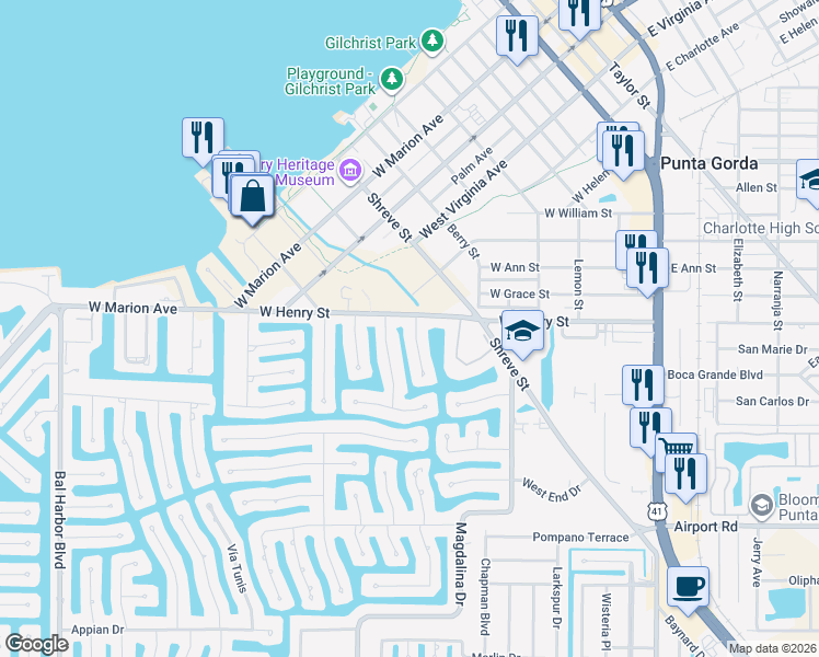 map of restaurants, bars, coffee shops, grocery stores, and more near 526 Eleuthera Drive in Punta Gorda